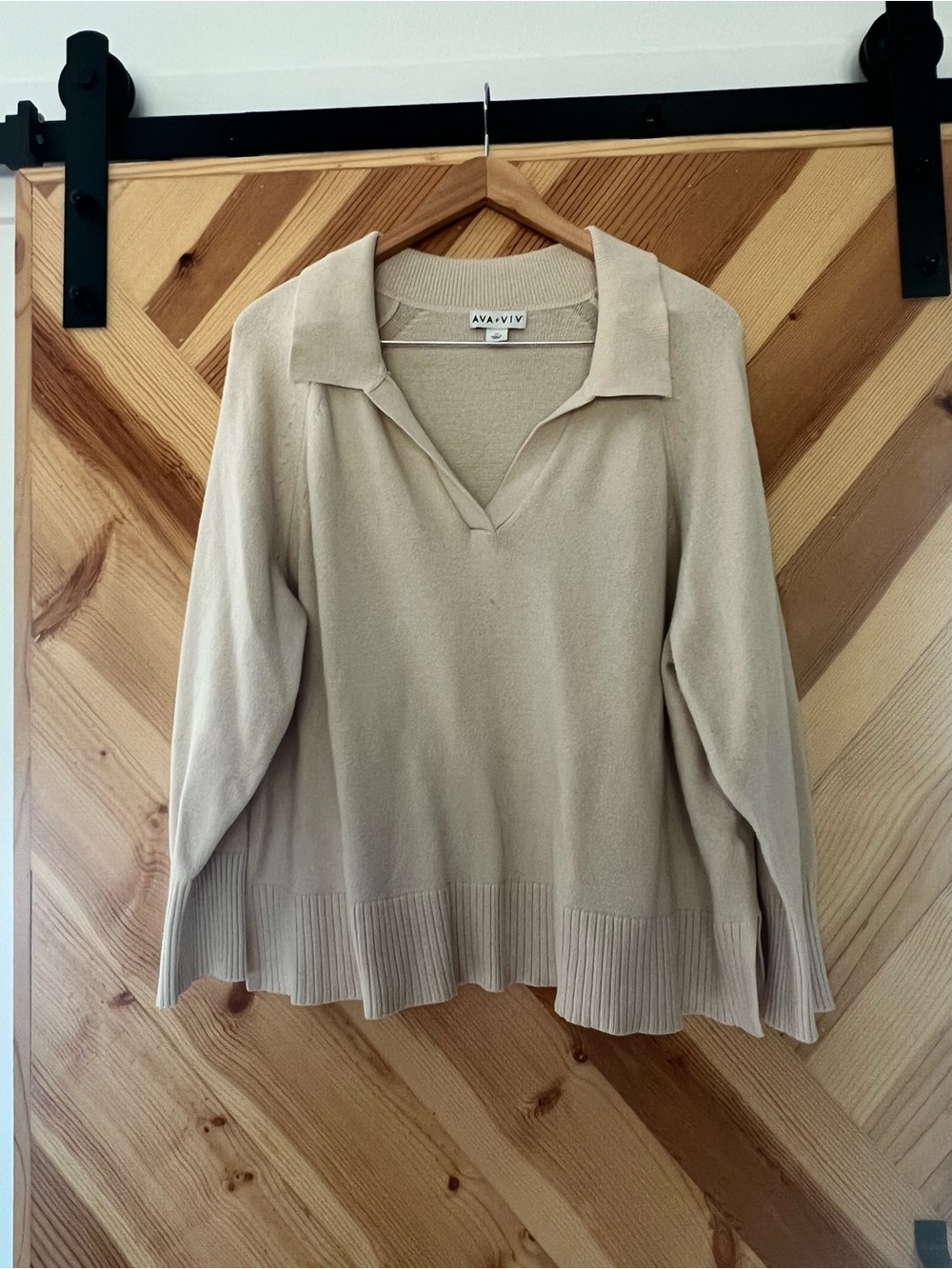 Ava & Viv Beige V-Neck Collared Sweater